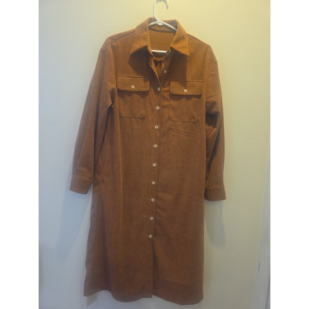 Modesees Women's Loose Corduroy Double Chest Pocket Single Breasted Midi Dress S